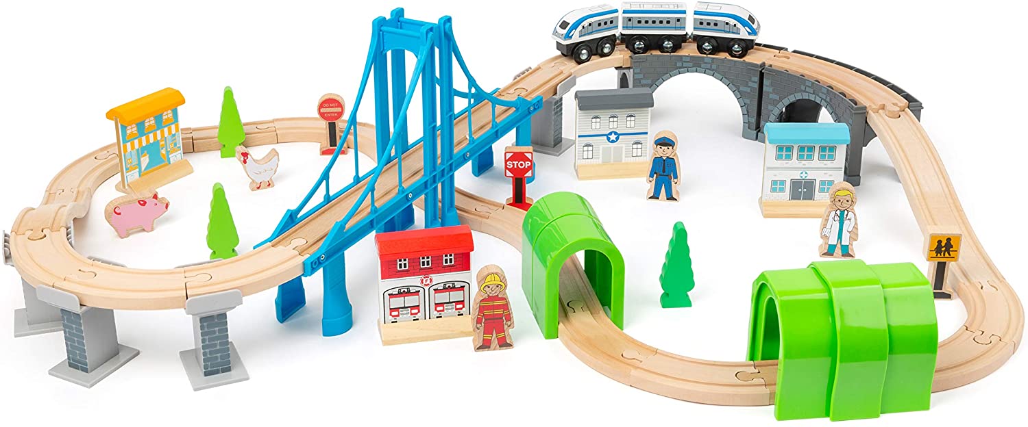 Small Foot 11492 Wooden Toy Train Bridge Building, Made of Wood, with Suspension Bridge and Tunnels, a Play World On Two Levels