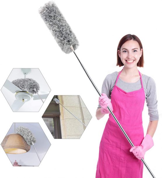 Feather Duster, Microfiber Duster with 30-100 Inch Telescoping Extension Pole, Detachable & Bendable Reusable Duster Washable Dusters for Cleaning Cobweb Ceiling Fan, Blind, Cars, Lights, Furniture.