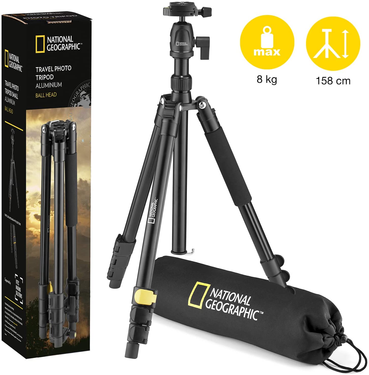 National Geographic Travel Photo Tripod Kit with Monopod, Aluminium, 4-Section Legs, Lever Locks, Load up 6 kg, Carrying Bag