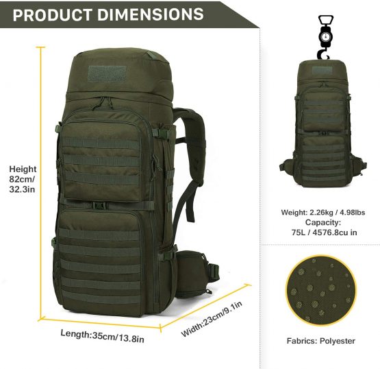 Mardingtop 55/75L Tactical Backpack Large Hiking Camping Military Rucksack Patrol Pack with Rain Cover for Outdoor Trekking Mountaineering Hunting - Image 2