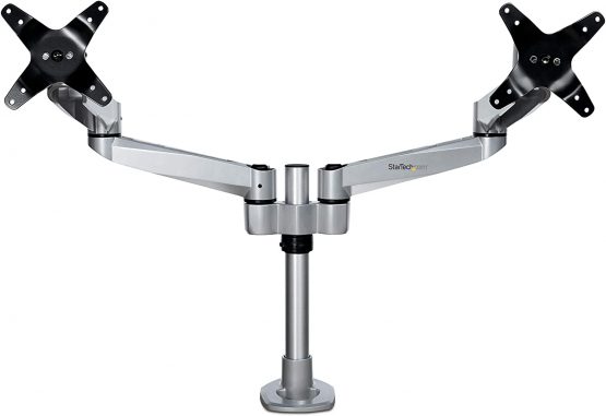StarTech Desk Mount Dual Monitor Arm – Premium Articulating Multi-Monitor Desktop VESA Mount up to 27” Displays – Adjustable Height/Rotating/Swivel/Tilt - Desk Clamp/Grommet - Silver (ARMDUALPS) - Image 2