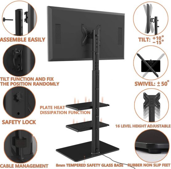 Universal Floor TV Stand with Swivel Mount for 19 to 42 inch LCD LED TV, 3 Shelves Black HT3001BP - Image 2
