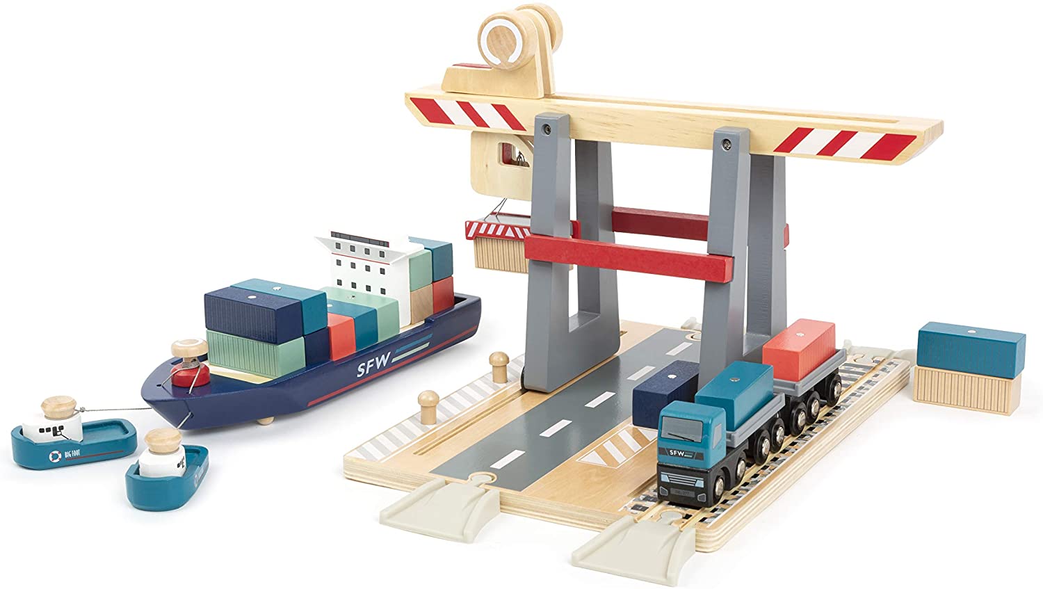 Small Foot 11378 Wooden Terminal, with Movable Container Bridge, and Accessories, for Ages 3+ Years Toys, Multicolored - Image 4