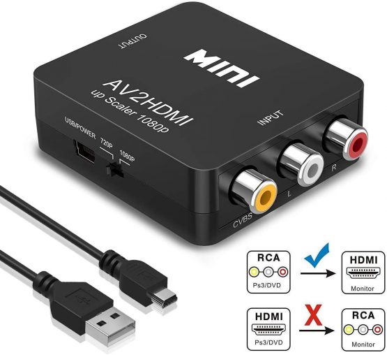 RCA to HDMI , Amtake 1080P AV RCA to HDMI Converter Composite CVBS AV to HDMI Video Audio Converter Adapter for PS2 Wii Xbox SNES N64 VHS VCR Camera DVD, Supporting PAL/NTSC with USB Power Cable