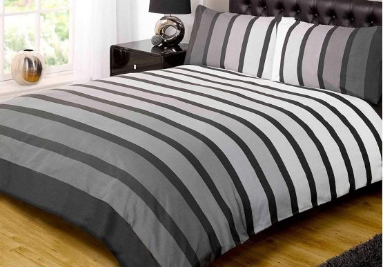 Soho Black Stripe Duvet Cover Quilt Bedding Set, Black White Grey, Single by Rapport