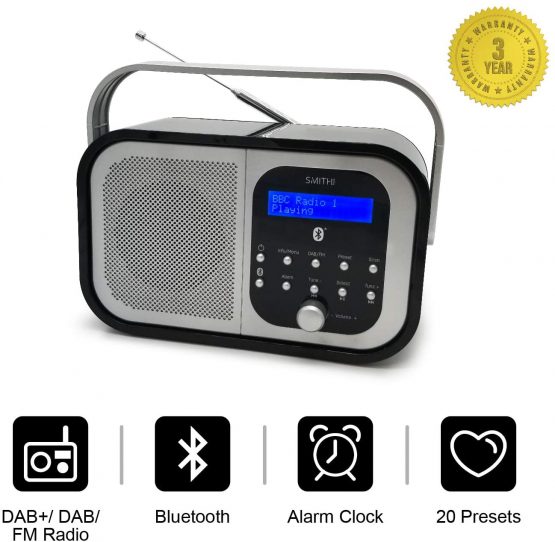 Smith-Style Retro H1 DAB+ FM DAB Digital Radio Bluetooth Portable Radio with Dual Alarm Clock & LCD Display – DAB Radio/FM Radio/Battery & Mains Powered with 20 Presets – White - Image 2