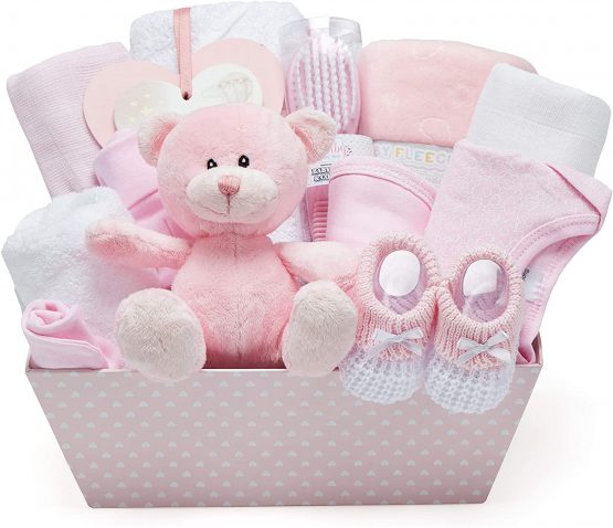 Baby Gift Set in Pink - with Fleece, Hooded Towel, Baby Clothes, 2 Muslin Cloths and Cute Pink Teddy Bear