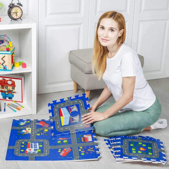 Leo & Emma Rally Play Foam Floor Tiles For Kids - Interlocking Foam Mats - Fire department Race Track Rug - Set of 9 Large 32 x 32 cm Pieces - Perfect Hot Wheels Mat - TÜV tested - Image 4