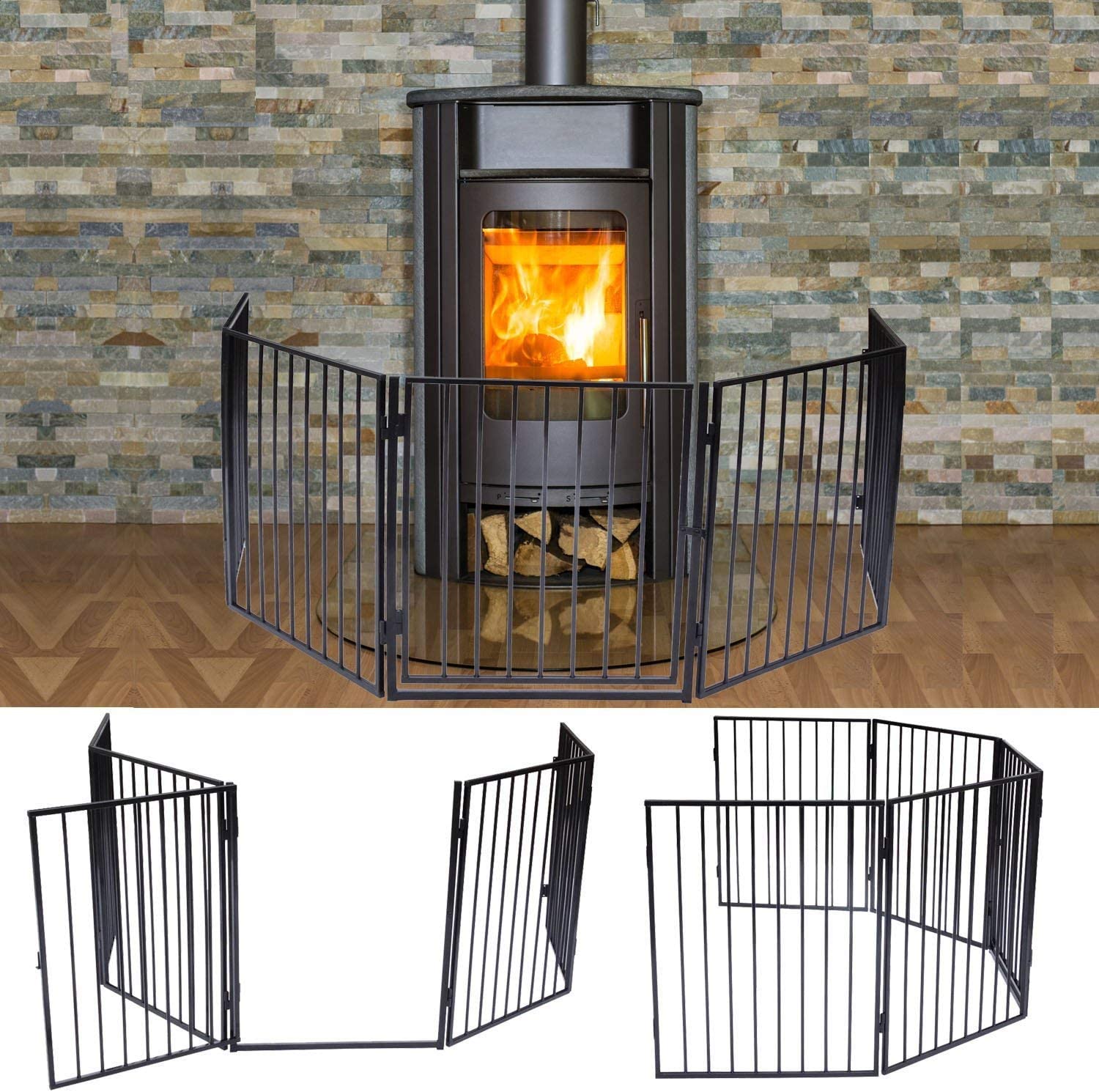 Nisorpa 5 Panel Fireplace Safety Barrier 300 cm Metal Fire Gate with Automatically Close Door