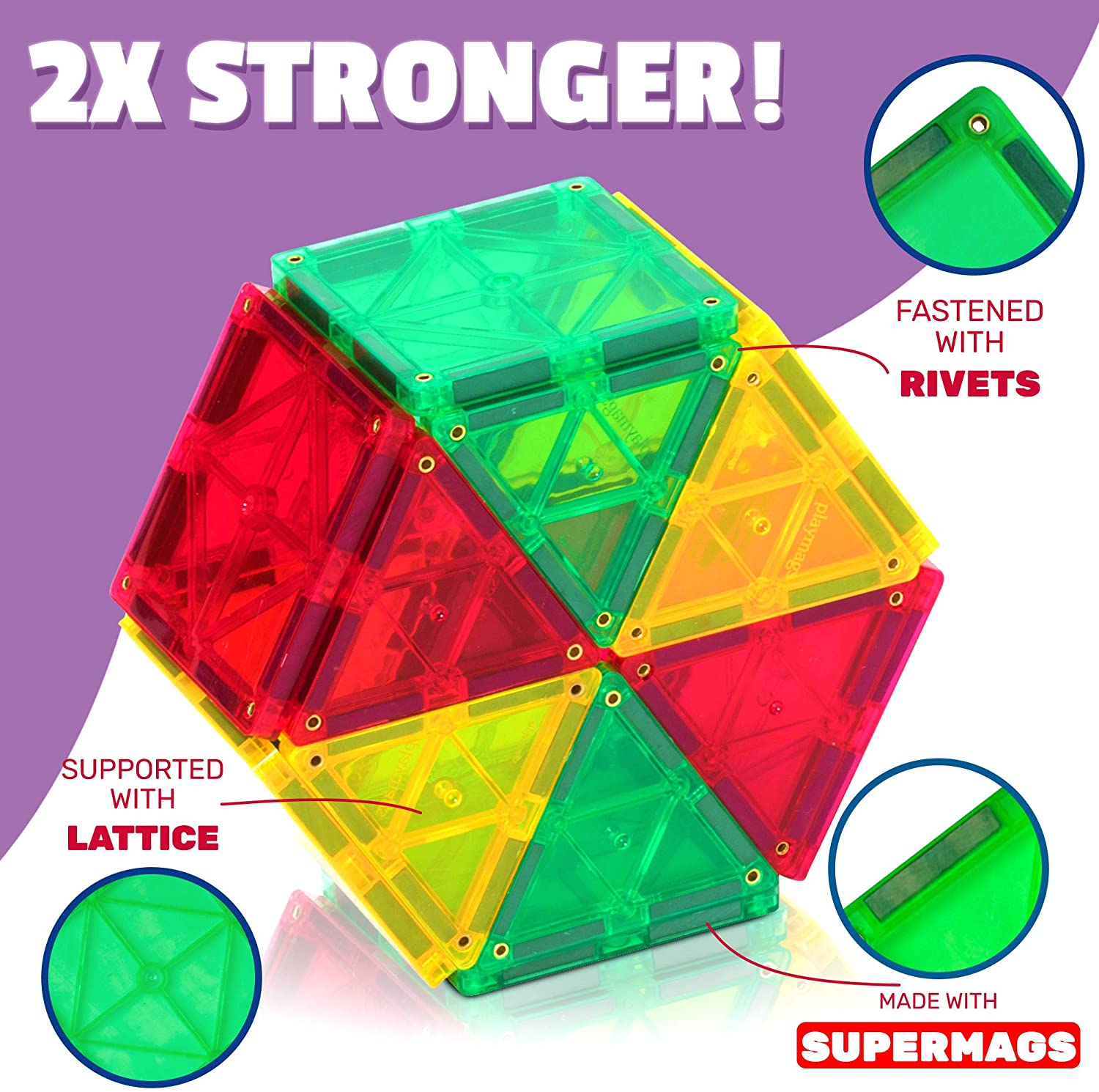 Playmags 150 Pcs Magnetic Tiles Set for Kids, Colorful Stronger Magnets, 3D Magnetic Building Blocks - Image 4