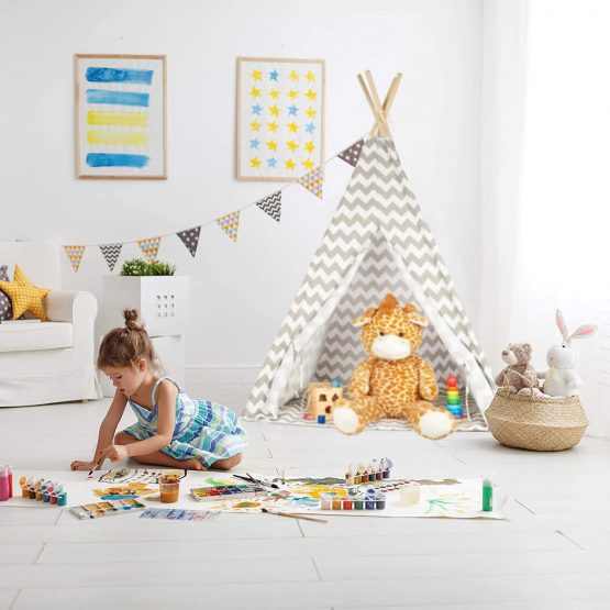 Relaxdays 10028907 Teepee, Play Tent with Flooring, Includes Bag, Wigwam for Kids, HxWxD: 160 x 115 x 115 cm, Grey, White-Gray - Image 3