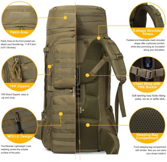 Mardingtop 55/75L Tactical Backpack Large Hiking Camping Military Rucksack Patrol Pack with Rain Cover for Outdoor Trekking Mountaineering Hunting - Image 3
