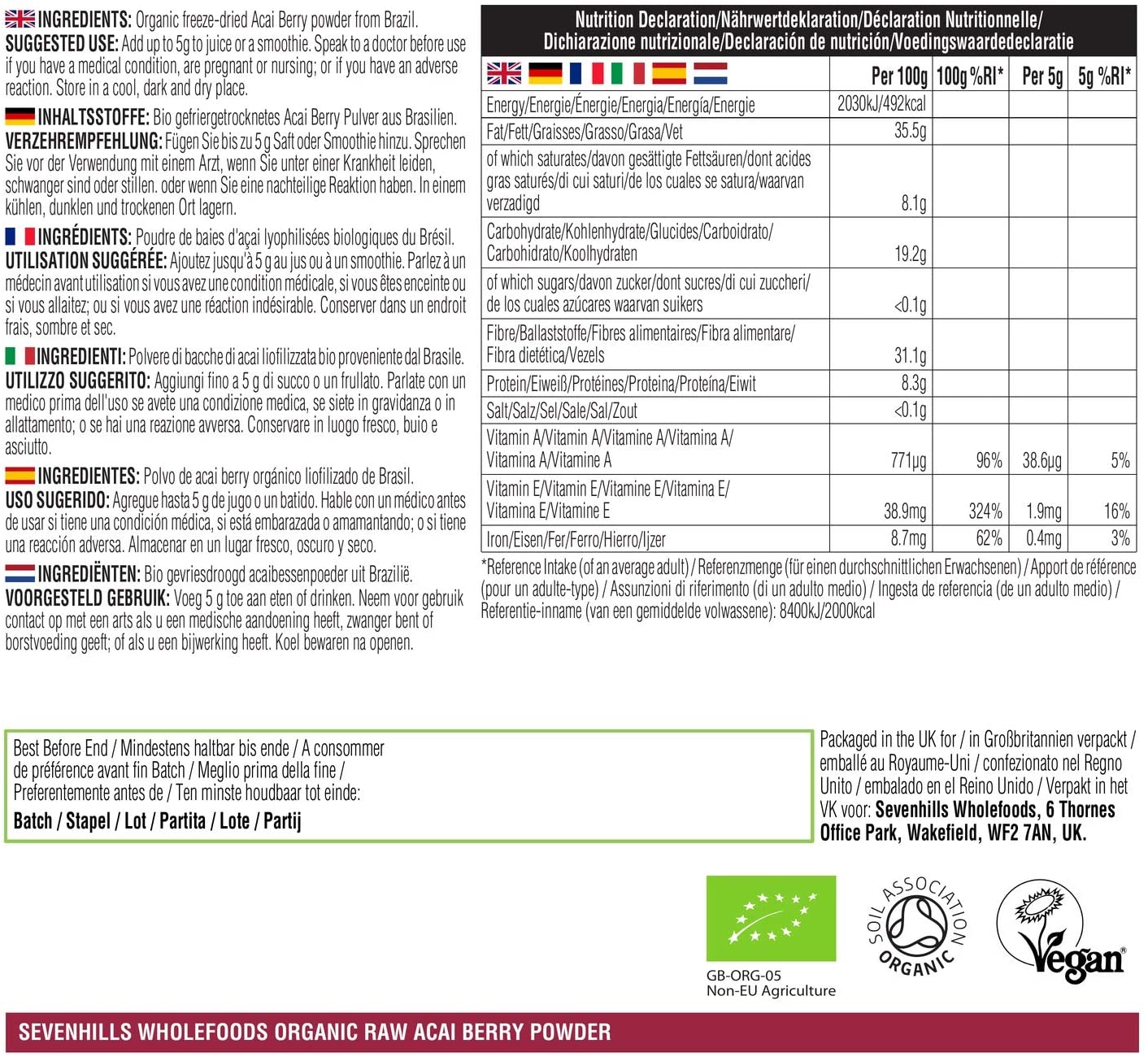 Sevenhills Wholefoods Organic Acai Berry Powder 100g, Freeze-Dried, Flash Pasteurisation, from Brazil, 100 g (Pack of 1) - Image 3