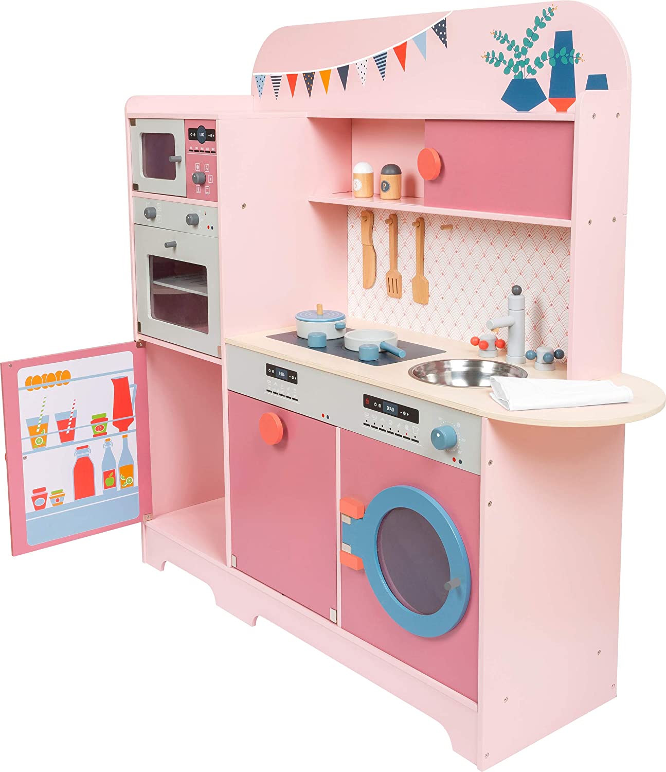 Small Foot 11465 Wooden Play Kitchen Girl's Dream, multifunctional kitchen in pink, w/many accessories, for ages 3+ - Image 2