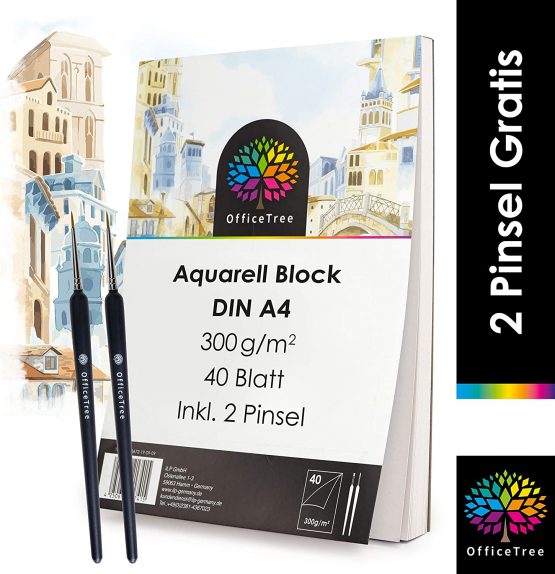OfficeTree A4 Watercolour Paper Pad – 40 Sheets 300gsm Watercolour Paper A4 White - Watercolour Painting Paper for Drawing - 2 Free Brushes