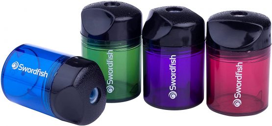 Swordfish ‘Canister’ Pencil Sharpener with Mess-Free Canister [Pack of 10] Assorted Colours [40032]