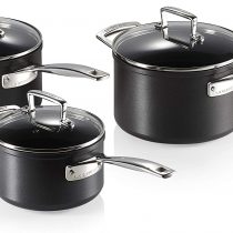 Le Creuset Toughened Non-Stick Saucepan Set with Lids- 3 Pieces, Ø 16, 18, 20 cm, Black