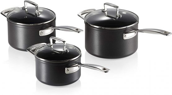Le Creuset Toughened Non-Stick Saucepan Set with Lids- 3 Pieces, Ø 16, 18, 20 cm, Black