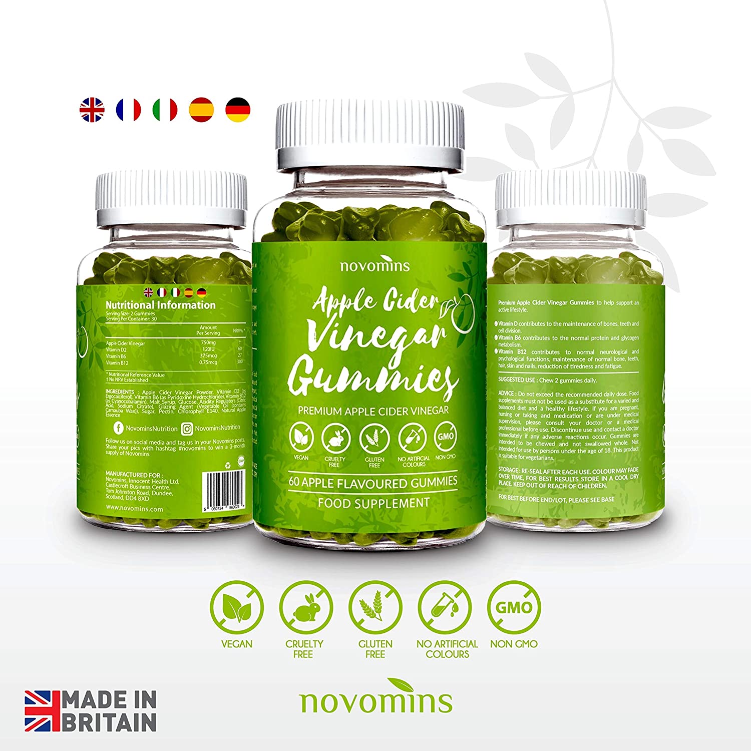 Apple Cider Vinegar with Mother, 1000mg ACV Gummies, Enriched with Vitamin B12, B6, D2-60 Vegan Gummies - Image 2
