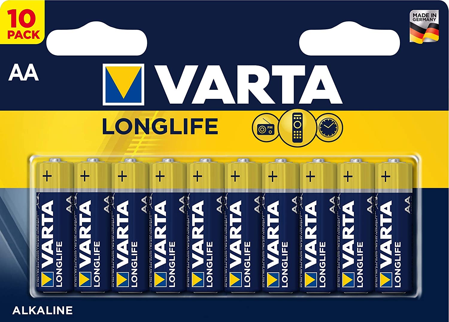 Varta AA Alkaline Battery Pack of 10 - Longlife, Bianco, 10 Count (Pack of 1)