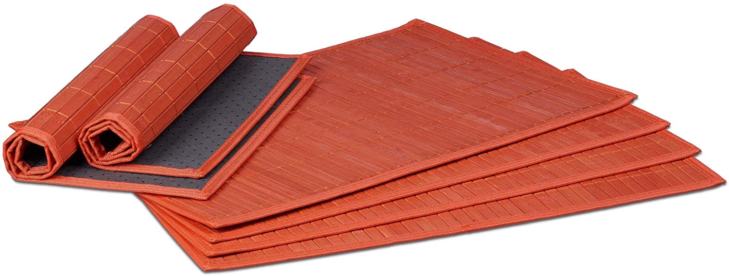 Relaxdays Place Mat Set, 6x Coaster, Tableware, Drinks, Table Protector, Square, 45 x 30 cm, Bamboo, Stylish, Red
