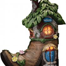 TERESA'S COLLECTIONS Boot Fairy House Garden Ornaments with Solar Powered Lights, Waterproof Resin Garden Statue Outdoor Cottage Figurines for Patio Lawn Yard Decorations, 21.5cm