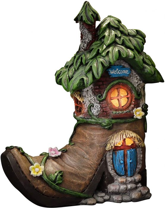 TERESA'S COLLECTIONS Boot Fairy House Garden Ornaments with Solar Powered Lights, Waterproof Resin Garden Statue Outdoor Cottage Figurines for Patio Lawn Yard Decorations, 21.5cm