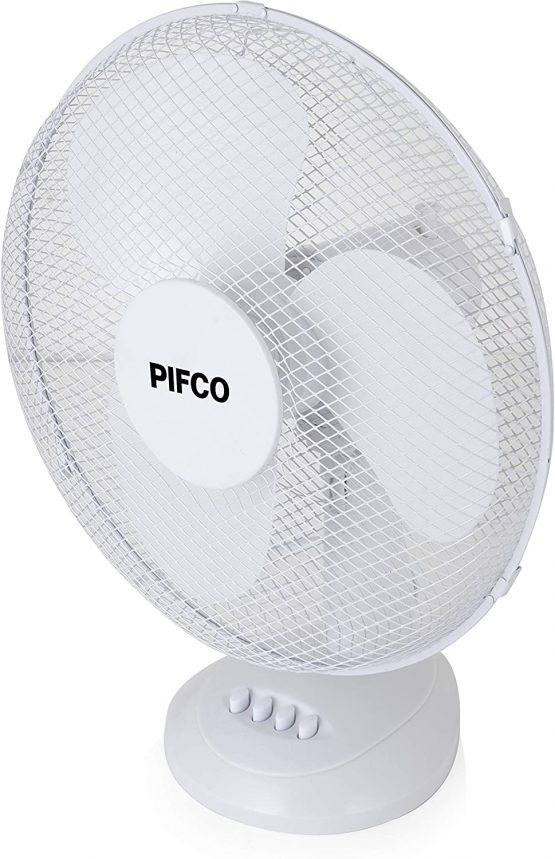 Pifco P52006 Desk Fan with 3 Speed Settings, Adjustable Tilt with Oscillation Function, Integrated Handle and Non Slip Feet, 35 W Motor, 12 Inch, White