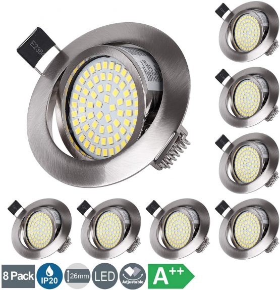 HYDONG LED Recessed Ceiling Spot Lights 5W Cool White 6000K Downlight Ultra Slim Not Dimmable Rotatable Spotlights IP20 Protection for Living Room Bedroom Kitchen, Open Hole Size 75-80mm, Pack of 8