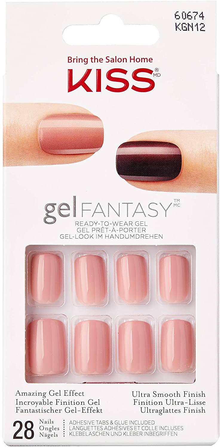 KISS Gel Fantasy Collection Glue-On Manicure Kit, Ribbons, Short Length Square Fake Nails Includes 28 False Nails, Nail Glue