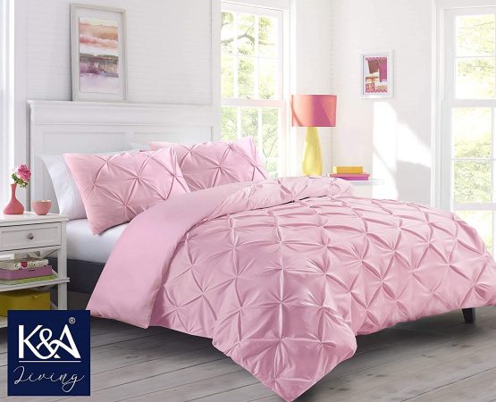 K&A Double Bed Pintuck Pinch Pleat Duvet Cover Bedding Set including 2 Pillowcases, Poly-Cotton Blend, Easy Care Machine Washable UK Standard Double, Pink
