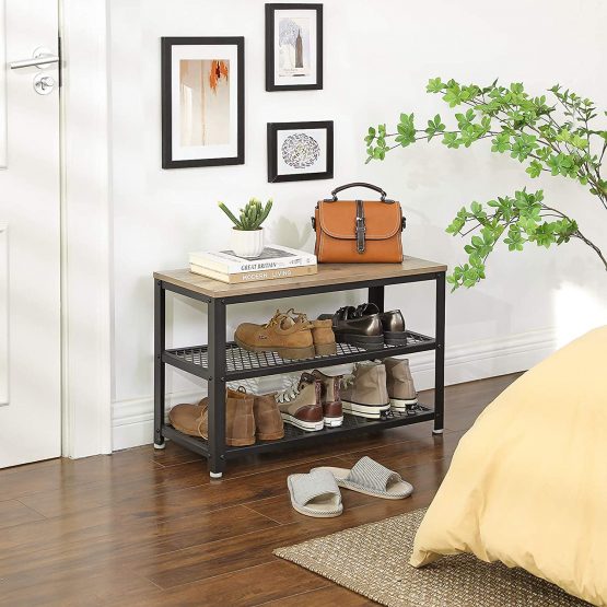 VASAGLE Shoe Bench, 3-Tier Shoe Rack, Storage Organiser with Seat and Shelf, Metal Frame, for Entryway, Living Room, Hallway, Industrial Accent Furniture, Greige and Black LBS73MB - Image 2