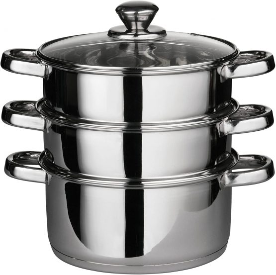 Premier Housewares 408129 Stainless Steel Steamer 3 Tiers Food Steamer Steamer Pan Large Steam Pots Steel Hob Steamer H25 x W22 x D22 cm