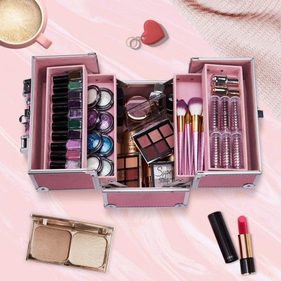 Frenessa Makeup Box Cosmetics Case Jewelry Organiser Vanity Make Up Storage Box Beauty Train Case Lockable with Keys (Mermaid Pink) - Image 3