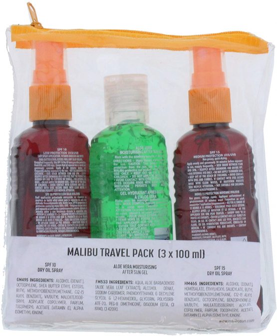Malibu Hydrating Water Resistant Travel-Sized Sun Spray Oil Pack with Bag, SPF 10 and SPF 15 Dry Oil Spray 100ml and Aloe Vera After-Sun 100ml (3 Pack) - Image 2