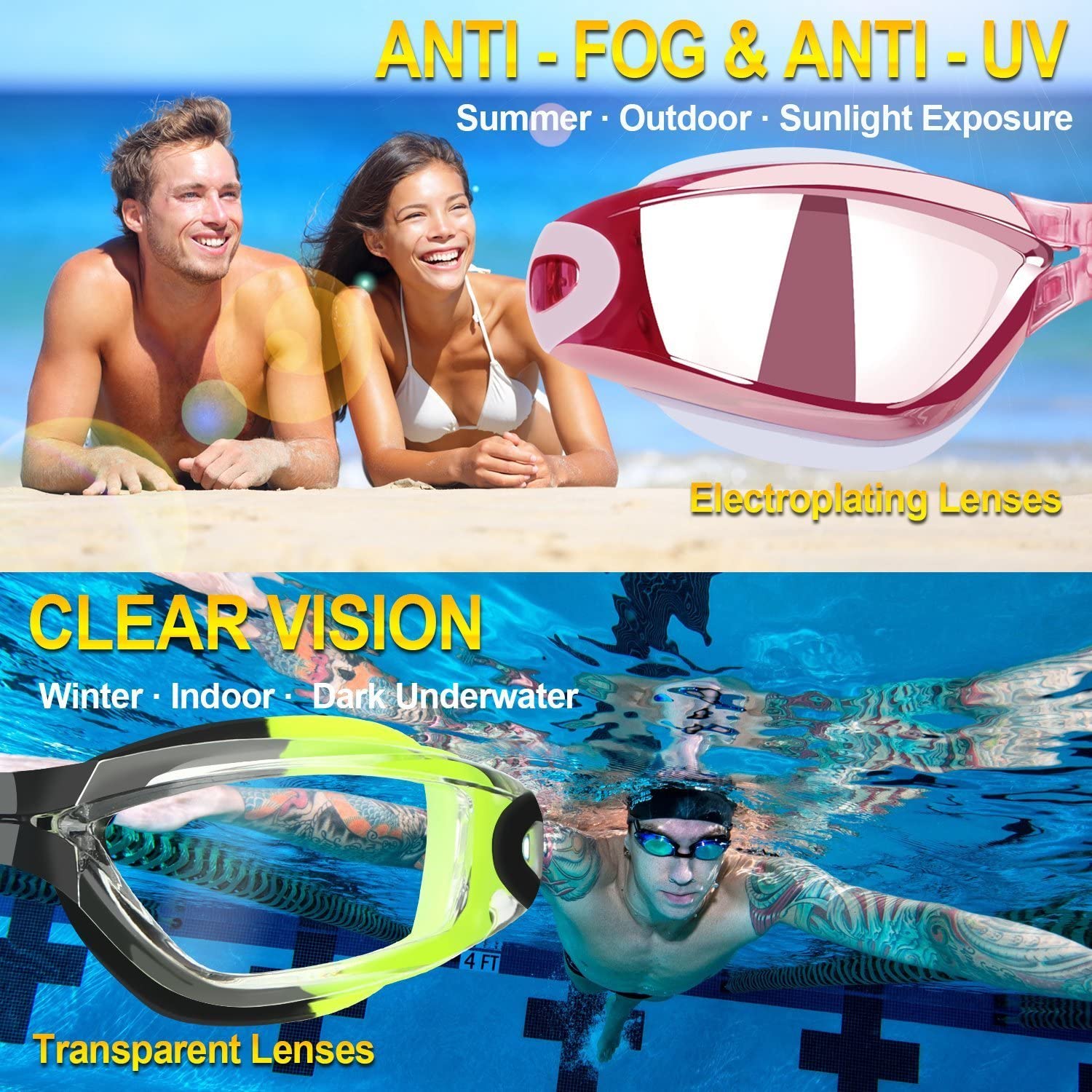 COOLOO Swimming Goggles, 2 Pack Swim Goggles for Adult Men Women Youth Kids 8+ - Image 4