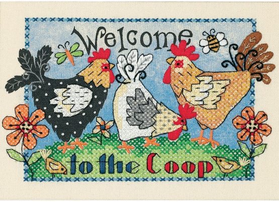 DIMENSIONS 65053 Mini Stamped Cross Stitch: Welcome to The Coop, Polyester blend, Multi-Colour, 13 x 18 x 0.2 cm