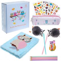 Brightzen Cute Owl Stationery Set – Owl Fur Notebook, Pencil Case, Pom Pens, Pastel Pencils, Eraser and Stickers with Gift Box, for girls boys age 4 5 6 7 8 9 10 11