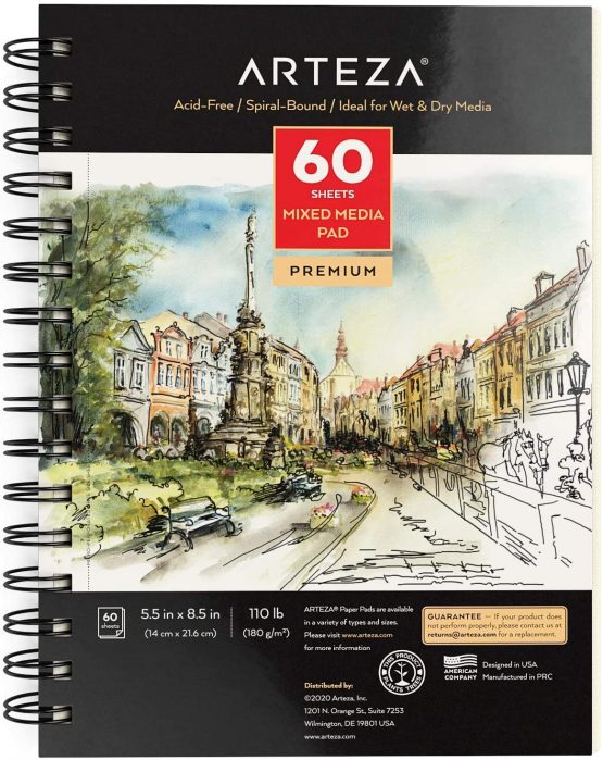 Arteza 14 x 21.6 cm Mixed Media Sketch Book, 60 Sheets, 180gsm, Micro-Perforated, Spiral-Bound Pad, Art Supplies for Wet and Dry Media, Sketching, Drawing, and Painting - Image 3