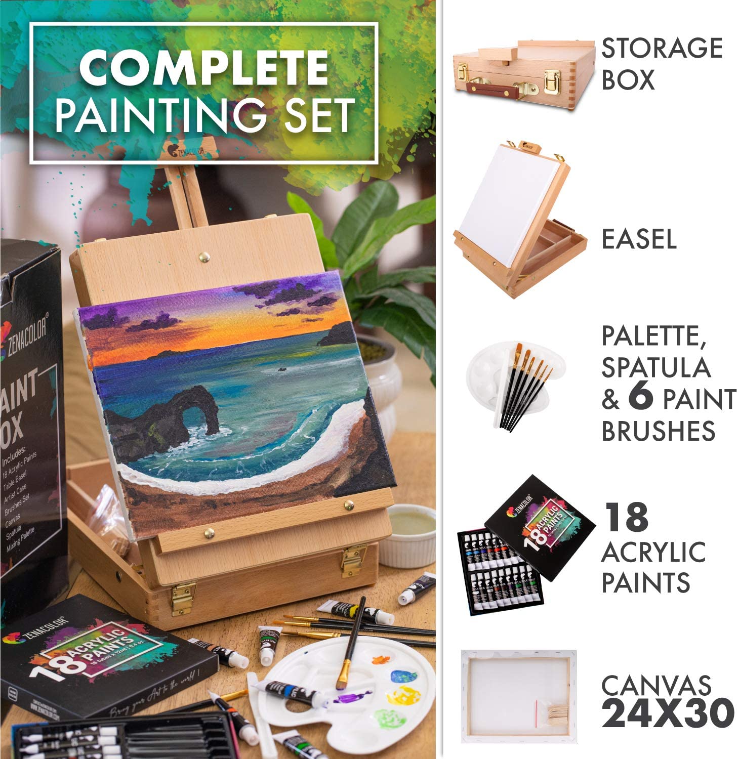 Acrylic Paint Set for Artists – with Box, Wood Easel, 18 Tubes of ...