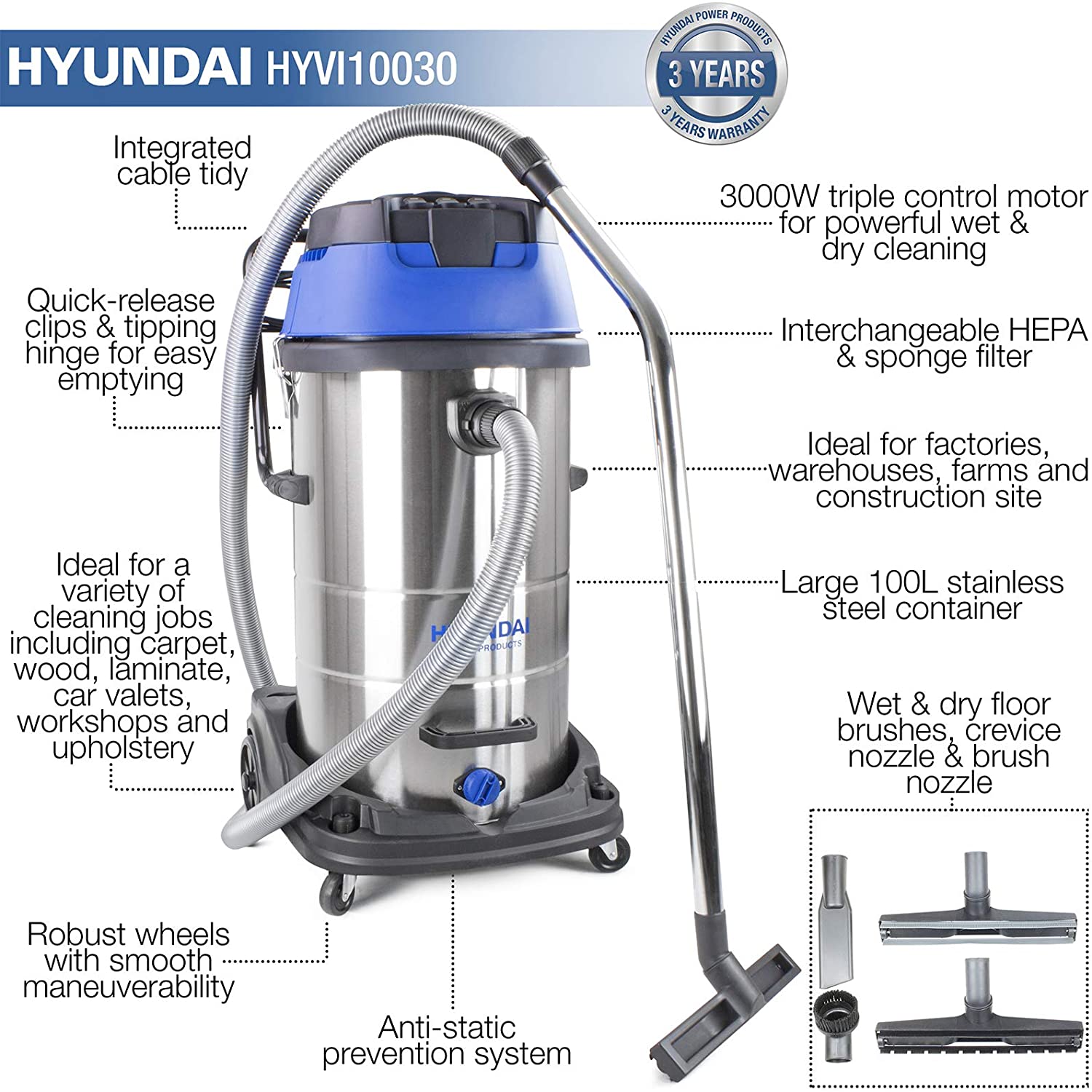 HYUNDAI 3000W 100L 2-in-1 Wet & Dry Vacuum Cleaner, Powerful Industrial Vac with HEPA-Type Filtration, 5m Power Cable - Image 2
