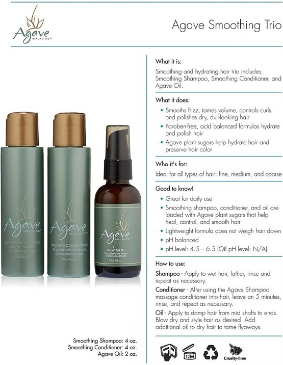 Agave Smoothing Trio by for Unisex - 3 Pc 3oz Shampoo, 3oz Conditioner, 2oz Oil Treatment - Image 4