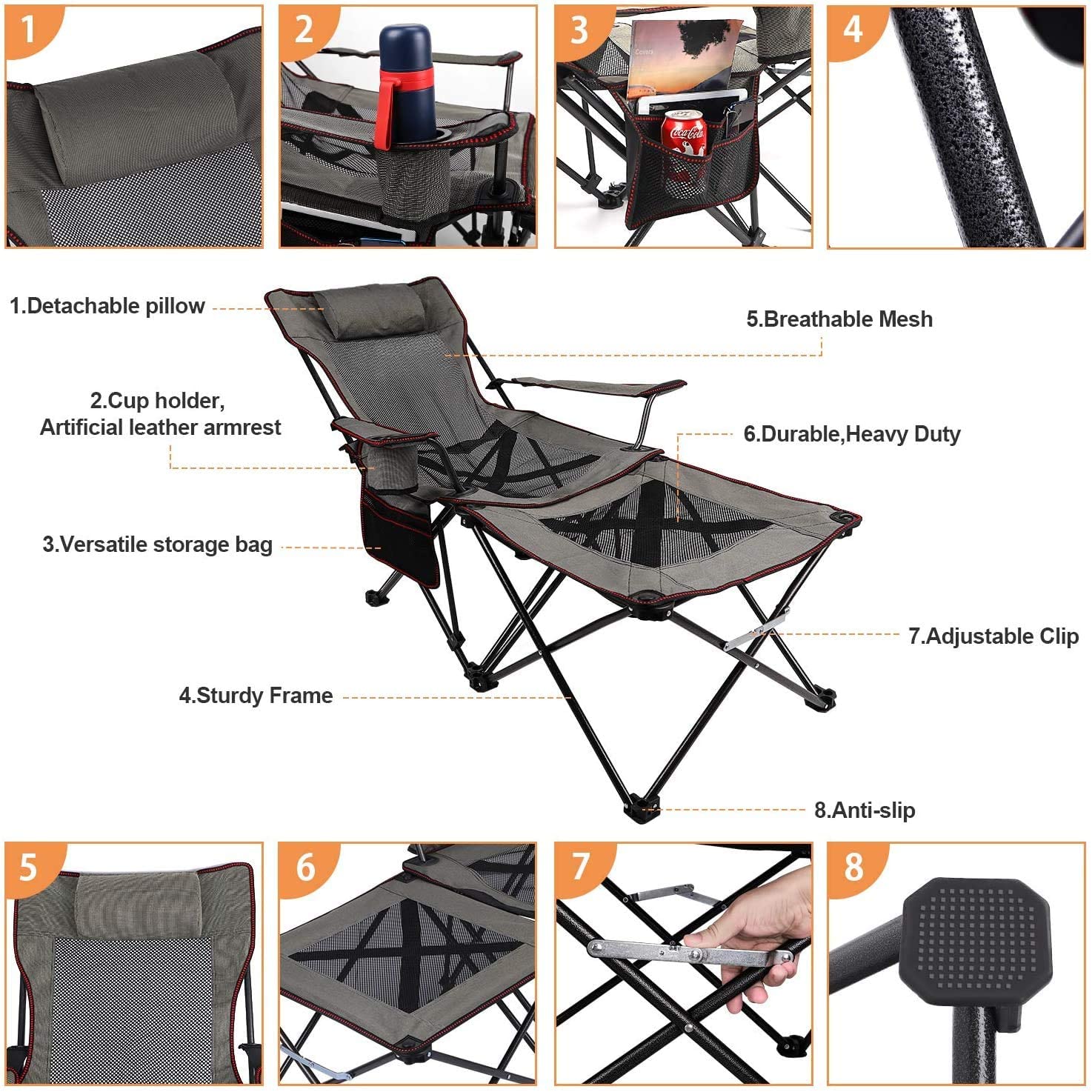XGEAR Camping Chairs Folding Reclining Portable Chair with Cup Holder