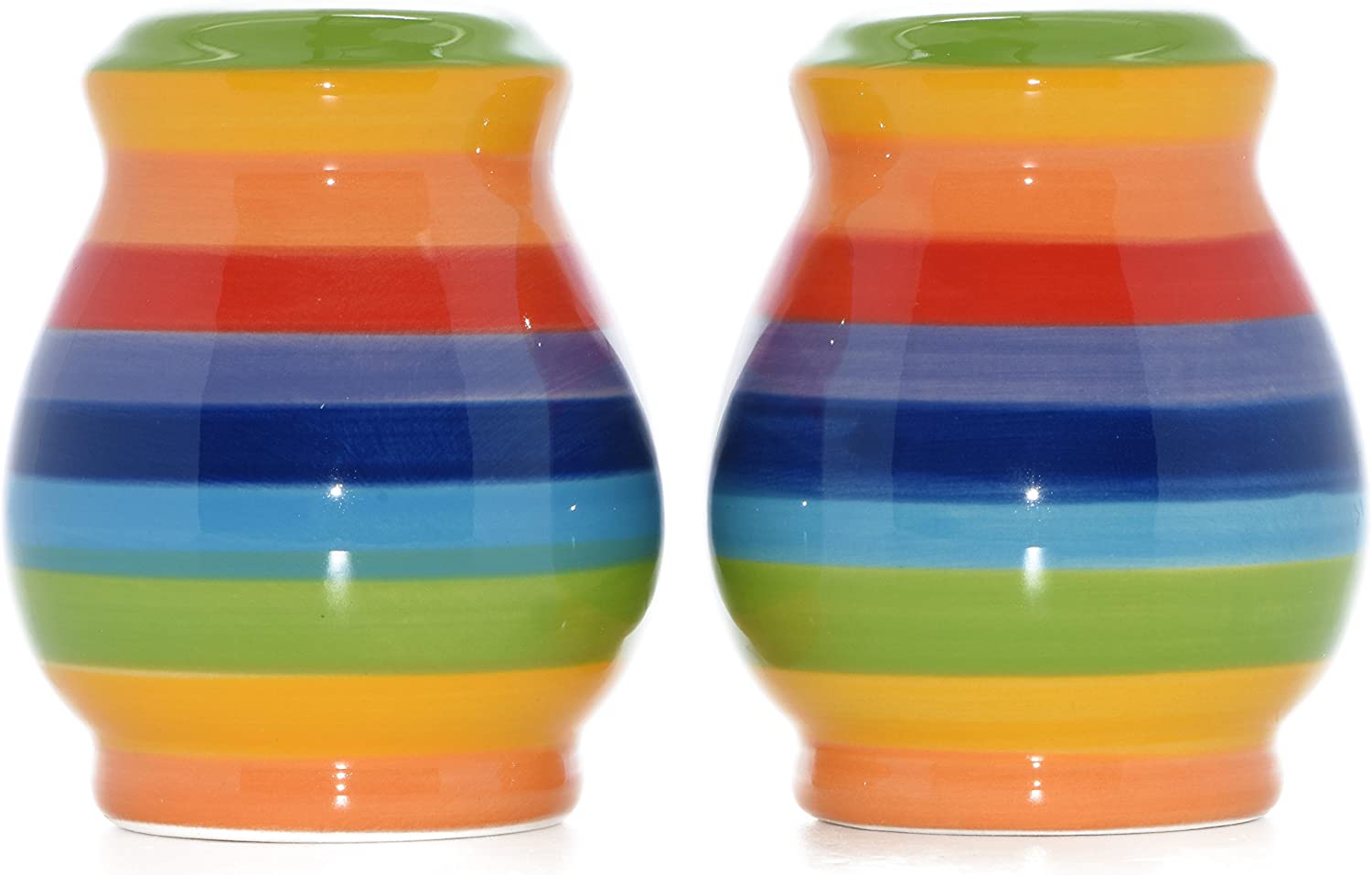Windhorse Hand Painted Rainbow Striped Ceramic Salt and Pepper Cruet Shaker Set, Multicolour - Image 2