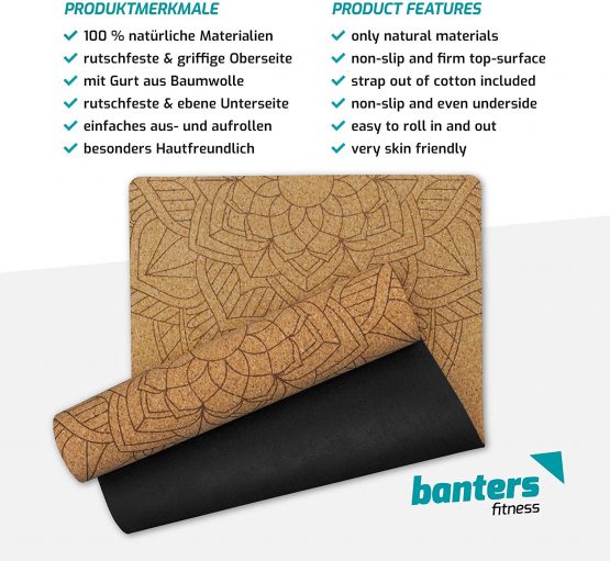 banters Cork Yoga Mat, Eco-Friendly Cork + Natural Rubber, Non-Slip Print, with Carrying Strap - Image 2