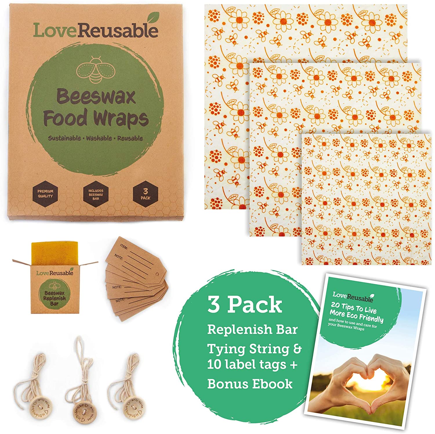 Beeswax Food Wraps, Pack of 3, Reusable Eco Friendly & Biodegradable