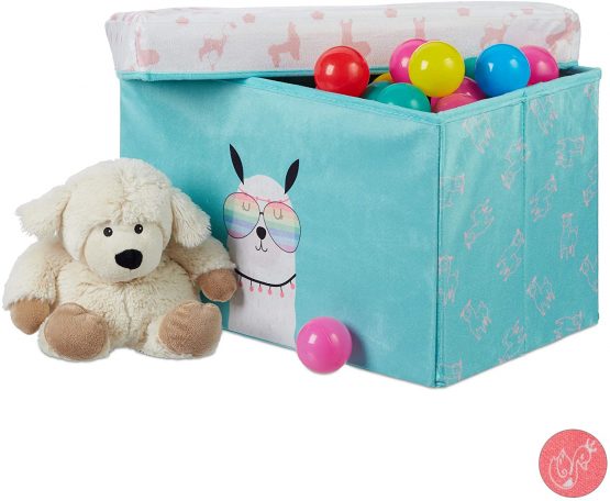 Relaxdays Kids Ottoman, Lidded, Toys Storage Crate, Folding, Boys & Girls, 33 L, Lama Design, Turquoise, 31 x 48.5 x 31 cm