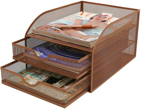 OSCO Rosegold Wiremesh Triple Letter Tray with 2 Drawers - Image 3