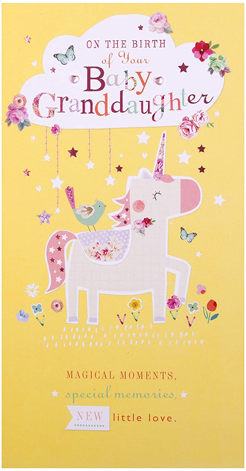 Hallmark New Granddaughter Birth Congratulations Card - Cute Unicorn Design with Pink Foil Details and Gem Attachments