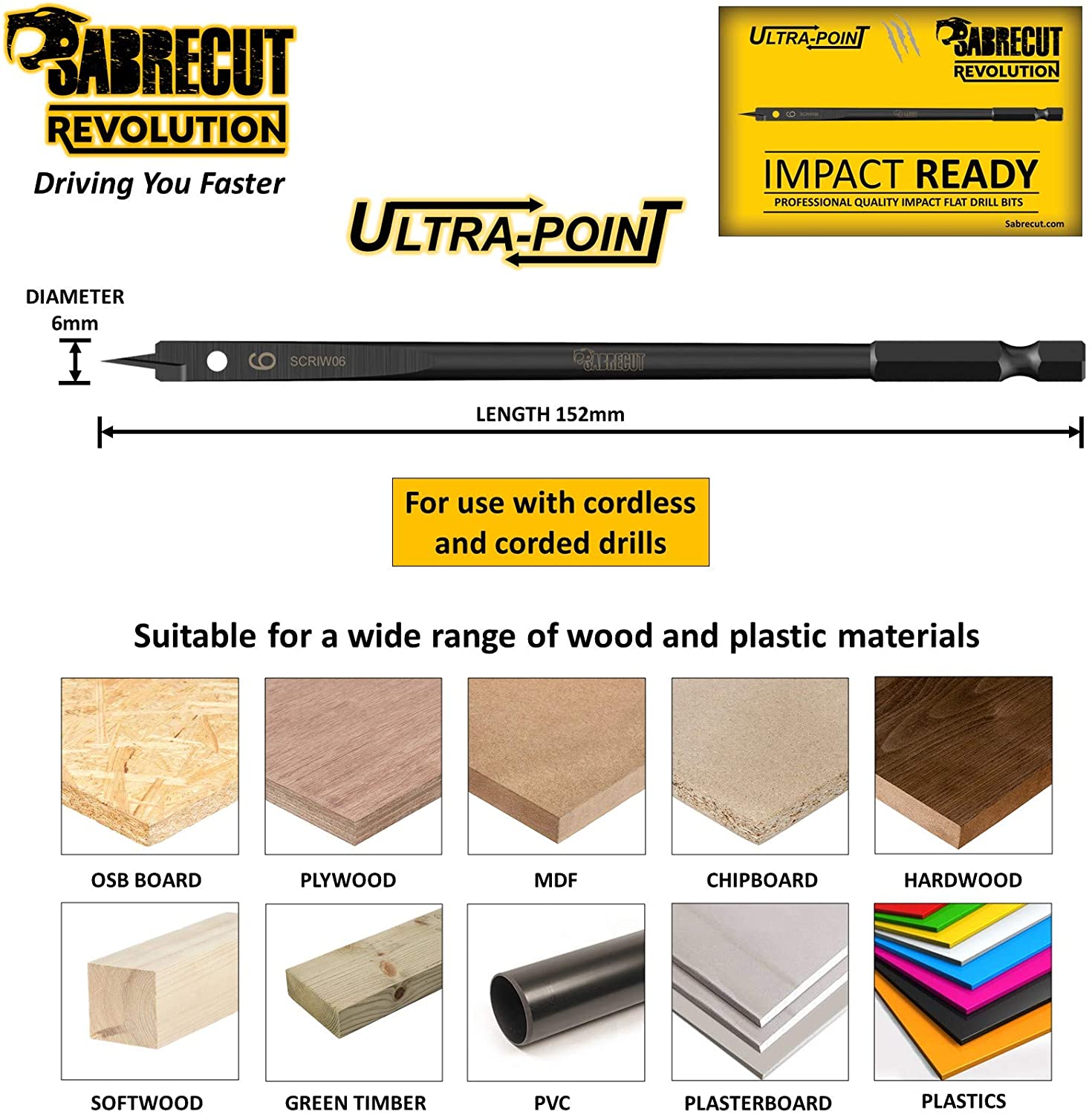 3 x SabreCut SCRIW06_3 6mm x 152mm Impact Rated Flat Wood Spade Bits for Softwood Hardwood Chipboard - Image 3